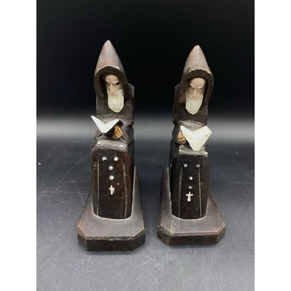 Pair of 2 Mexican Hand Carved Wood Monk Priest Friar Bookends Vintage JOM - Picture 1 of 12